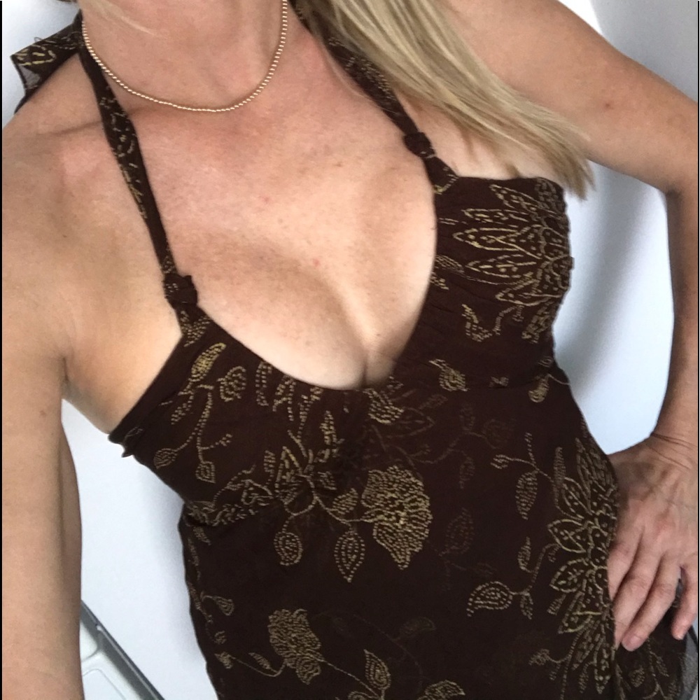 BCBG • Women’s halter blouse. Brown pattern
